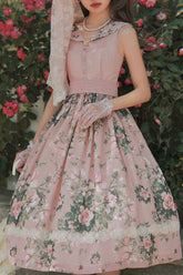 Robe JSK Classique Lolita à Imprimé Floral Vintage Rose Français Élégant Rose avec Col en V sans Manches et à Volants